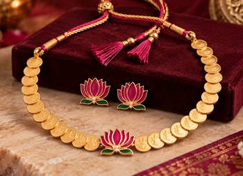 gold plated south indian temple coin necklace set with lotus meenakari pendant & earrings 2