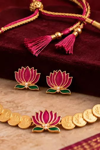 gold plated south indian temple coin necklace set with lotus meenakari pendant & earrings