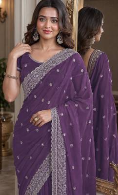 Lavender soft georgette embroidery work festive saree with unstitched blouse piece 2