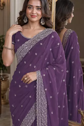 Lavender soft georgette embroidery work festive saree with unstitched blouse piece