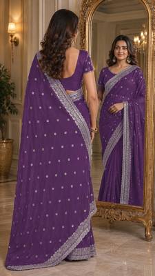 Lavender soft georgette embroidery work festive saree with unstitched blouse piece 3