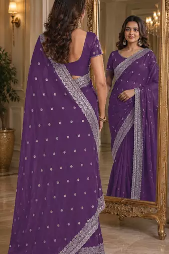 Lavender soft georgette embroidery work festive saree with unstitched blouse piece