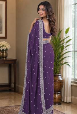 Lavender soft georgette embroidery work festive saree with unstitched blouse piece 4