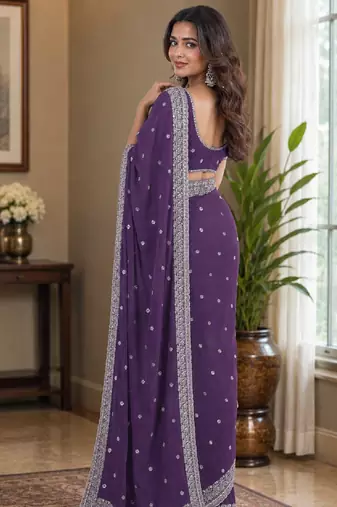 Lavender soft georgette embroidery work festive saree with unstitched blouse piece