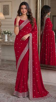 Rani pink soft georgette embroidery work festive saree with unstitched blouse piece 1