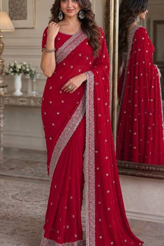 Rani pink soft georgette embroidery work festive saree with unstitched blouse piece