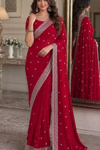 Rani pink soft georgette embroidery work festive saree with unstitched blouse piece