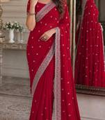 Rani pink soft georgette embroidery work festive saree with unstitched blouse piece