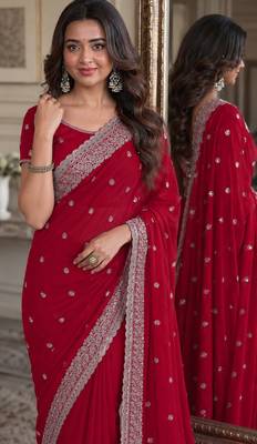 Rani pink soft georgette embroidery work festive saree with unstitched blouse piece 2