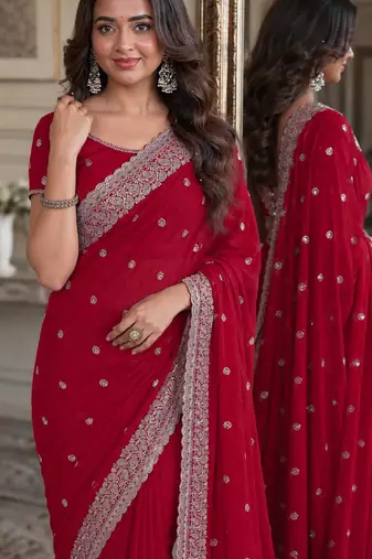 Rani pink soft georgette embroidery work festive saree with unstitched blouse piece