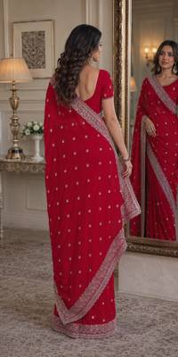 Rani pink soft georgette embroidery work festive saree with unstitched blouse piece 3