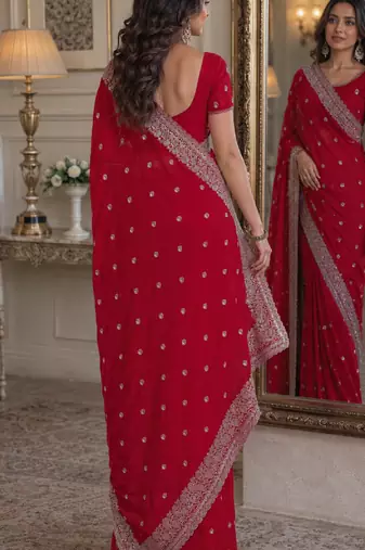 Rani pink soft georgette embroidery work festive saree with unstitched blouse piece