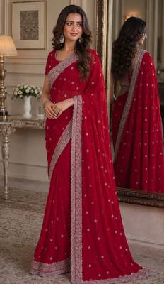 Rani pink soft georgette embroidery work festive saree with unstitched blouse piece 4