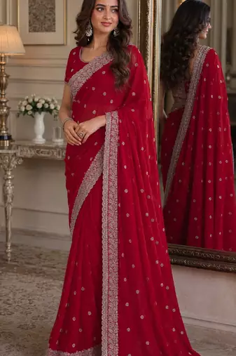 Rani pink soft georgette embroidery work festive saree with unstitched blouse piece