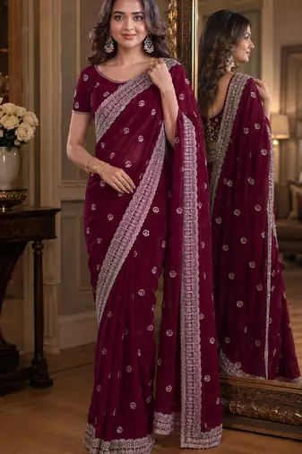 Wine soft georgette embroidery work festive saree with unstitched blouse piece