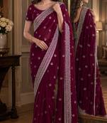 Wine soft georgette embroidery work festive saree with unstitched blouse piece