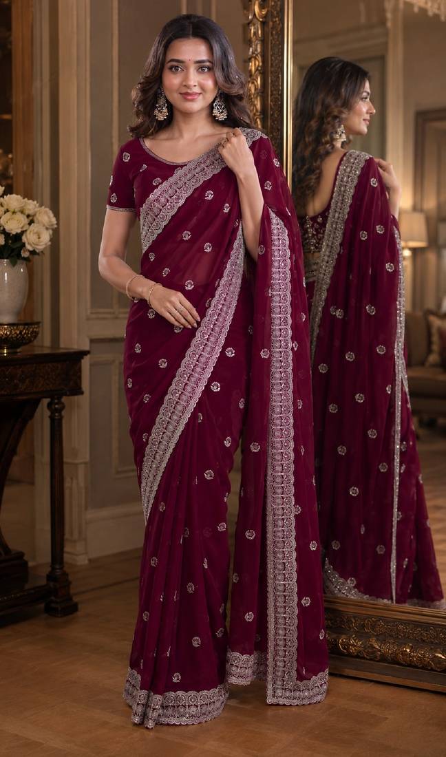 Wine soft georgette embroidery work festive saree with unstitched blouse piece