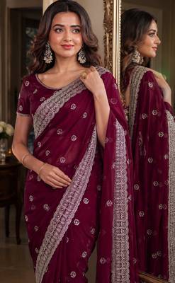 Wine soft georgette embroidery work festive saree with unstitched blouse piece 2