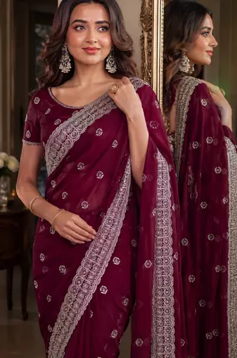 Wine soft georgette embroidery work festive saree with unstitched blouse piece