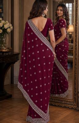 Wine soft georgette embroidery work festive saree with unstitched blouse piece 3