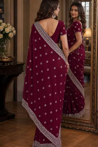 Wine soft georgette embroidery work festive saree with unstitched blouse piece