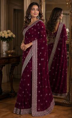 Wine soft georgette embroidery work festive saree with unstitched blouse piece 4