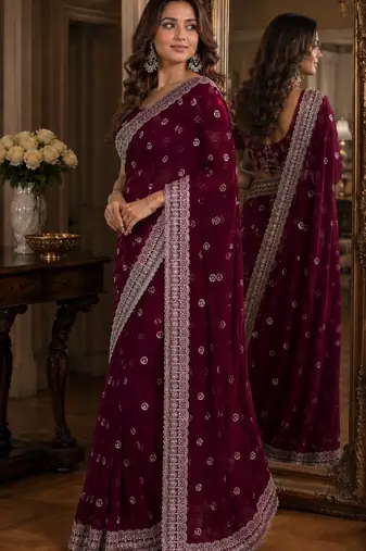 Wine soft georgette embroidery work festive saree with unstitched blouse piece