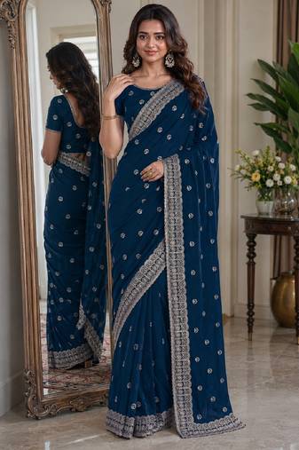 Morpich soft georgette embroidery work festive saree with unstitched blouse piece