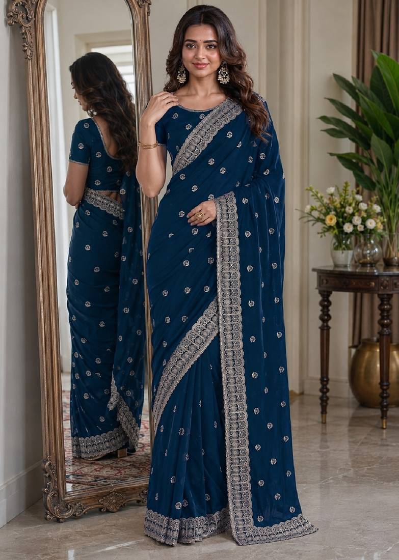Morpich soft georgette embroidery work festive saree with unstitched blouse piece