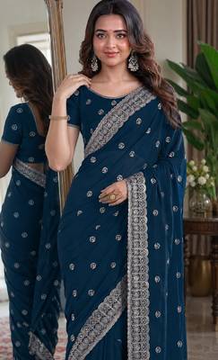Morpich soft georgette embroidery work festive saree with unstitched blouse piece 2