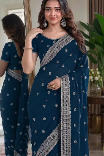 Morpich soft georgette embroidery work festive saree with unstitched blouse piece