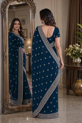 Morpich soft georgette embroidery work festive saree with unstitched blouse piece 3