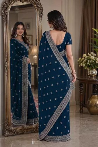 Morpich soft georgette embroidery work festive saree with unstitched blouse piece