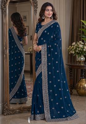 Morpich soft georgette embroidery work festive saree with unstitched blouse piece 4