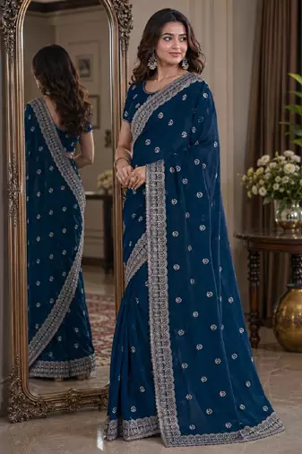 Morpich soft georgette embroidery work festive saree with unstitched blouse piece