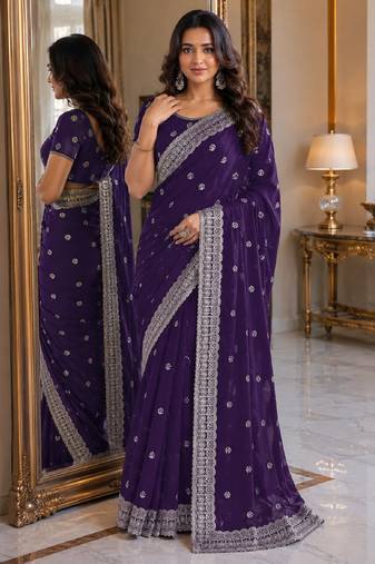 Purple soft georgette embroidery work festive saree with unstitched blouse piece
