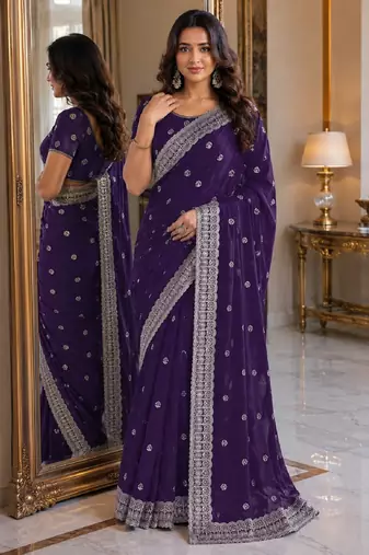 Purple soft georgette embroidery work festive saree with unstitched blouse piece
