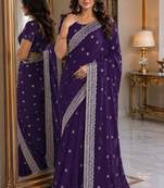 Purple soft georgette embroidery work festive saree with unstitched blouse piece