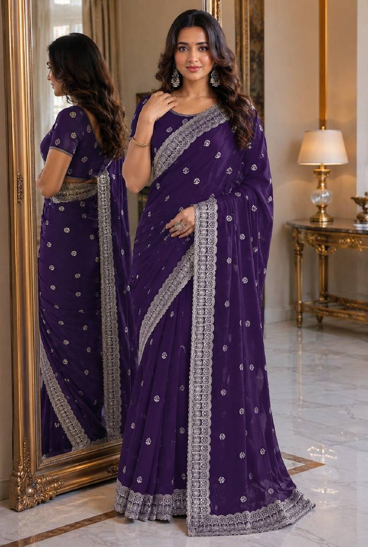 Purple soft georgette embroidery work festive saree with unstitched blouse piece
