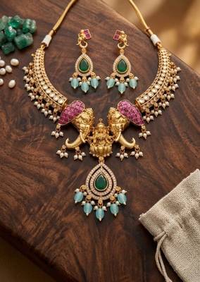 antique gold elephant kundan necklace set with mint green beads 1