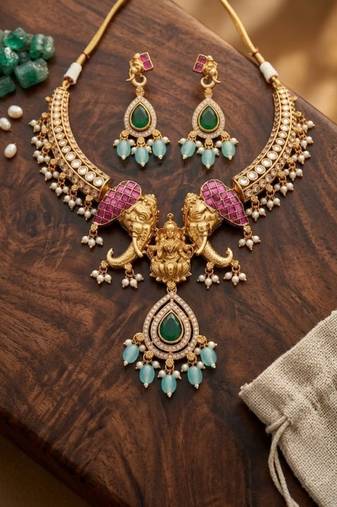 antique gold elephant kundan necklace set with mint green beads