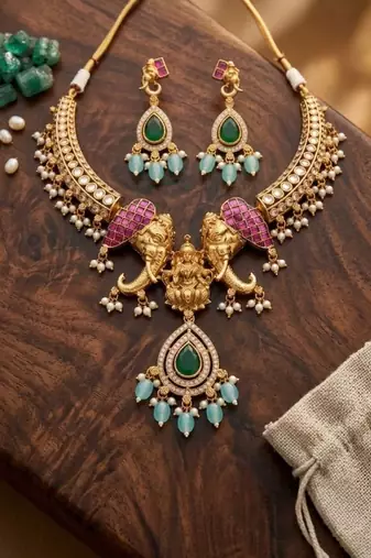 antique gold elephant kundan necklace set with mint green beads