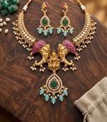 antique gold elephant kundan necklace set with mint green beads