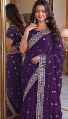 Purple soft georgette embroidery work festive saree with unstitched blouse piece 2