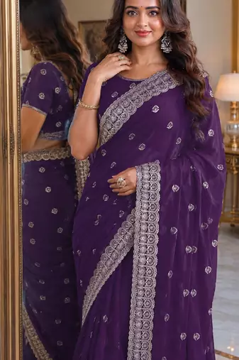 Purple soft georgette embroidery work festive saree with unstitched blouse piece