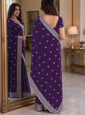 Purple soft georgette embroidery work festive saree with unstitched blouse piece 3