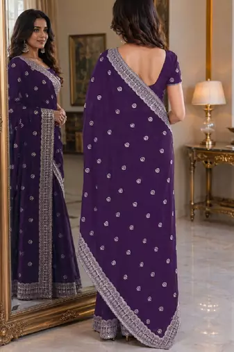Purple soft georgette embroidery work festive saree with unstitched blouse piece