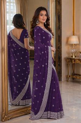 Purple soft georgette embroidery work festive saree with unstitched blouse piece 4