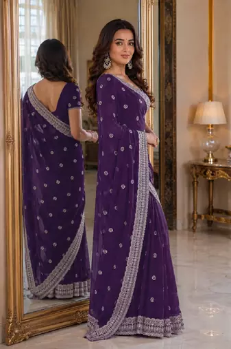 Purple soft georgette embroidery work festive saree with unstitched blouse piece
