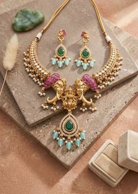antique gold elephant kundan necklace set with mint green beads 2